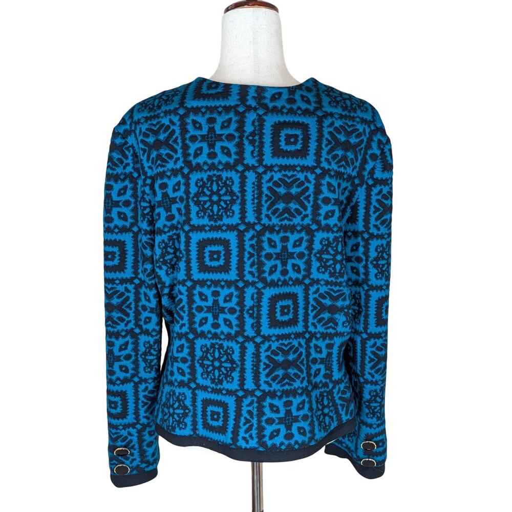 Vintage Leslie Fay Lady Jacket Blazer Button Up Crop Teal Black USA Size 18 - Picture 2 of 8